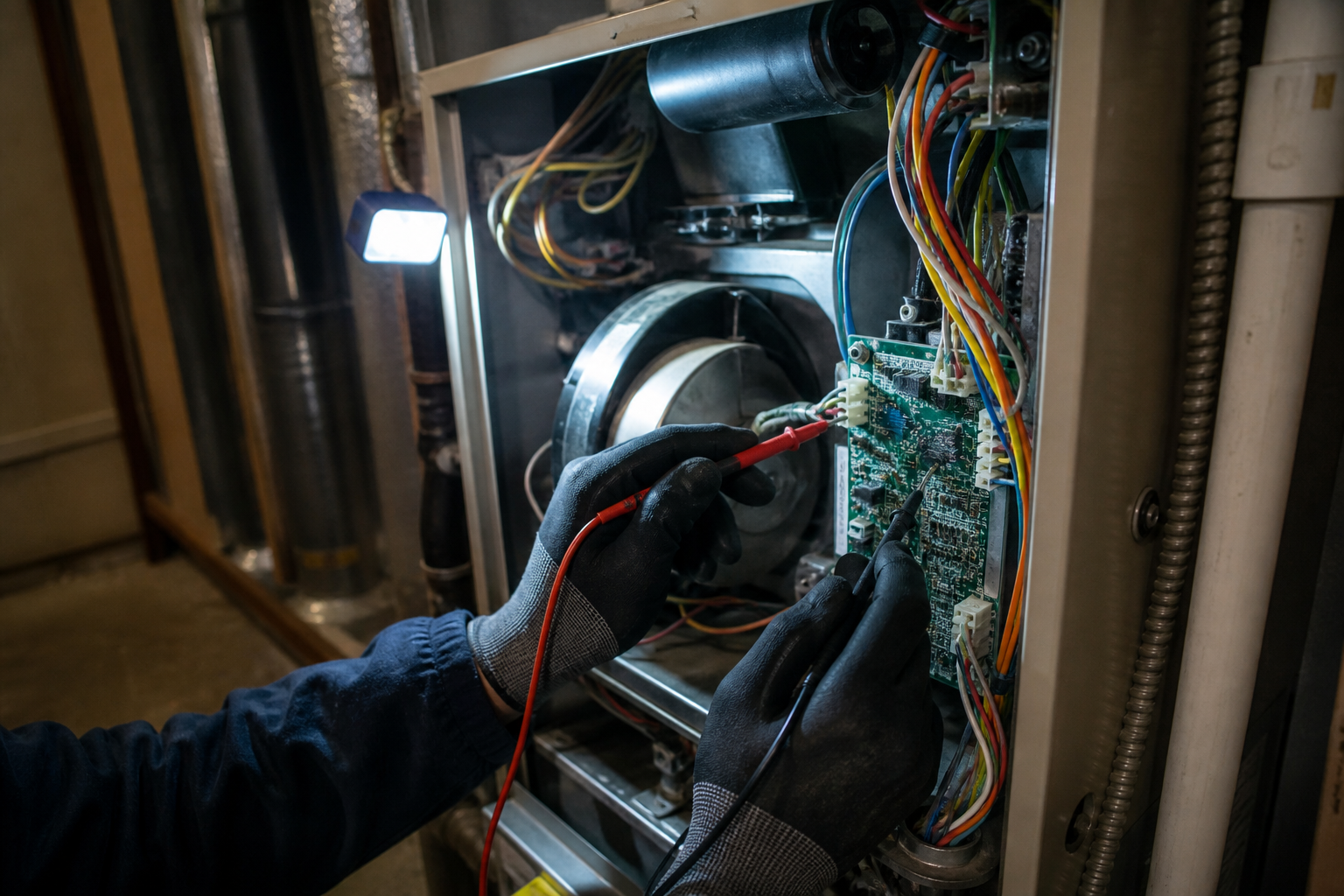 Technician testing a furnace control board with a digital multimeter during an HVAC repair